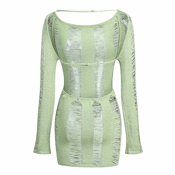 SOLD - NWT Commense Green Backless Distressed Ripped Long Sleeve Mini Dress - Picture 3 of 9